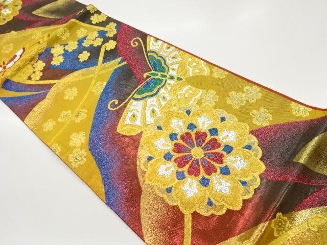 JAPANESE FUKURO OBI / WOVEN FLOWER CREST & BUTTERFLY